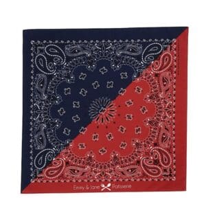 A red and blue bandanna is on display.
