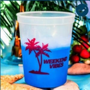A cup that says " weekend vibes ".